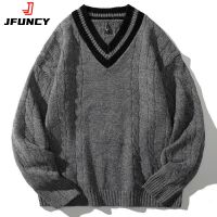 JFUNCY Mens Winter Knitted Sweaters Oversized Male Black Pullover V Neck Jumpers Mens Vintage Striped Knitwear Men Clothing