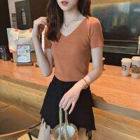 Daduhey. Plus Size Womens Knitted Tops Slim V-neck Solid Color Short Sleeve T-shirts