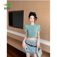 เสื้อยืดแขนสั้น คอกลม แบบเข้ารูป แฟชั่นฤดูร้อน สําหรับผู้หญิง V728