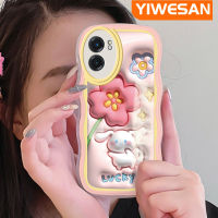 YIWESAN เคสสำหรับ Realme V23 5G V23i 5G Narzo 50 5G Q5i 5G K10 5G เคส3D ดอกไม้สีชมพูน่ารักกับกระต่ายสีคลื่นขอบกันกระแทกแบบใสนิ่มเคสมือถือสร้างสรรค์เคสกล้องซิลิกาเจลฝาครอบป้องกัน