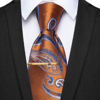 corbatas para hombre Orange Silk Tie for Man with Blue amp;Sliver Paisley Luxury Necktie Clip Dropshpping Wedding Business Party