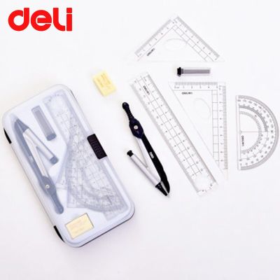DELI Portable Compasses Set 7/8pcs Plastic+metal Geometry Protractor Drawing School Eraser Math Eraser Ruler Students Tool Kit