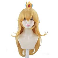 ❁✜ Peach Wig Golden Princess Wig with Bangs Peach Crown Cosplay Long Wig Halloween Costume Party Anime