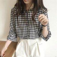 Tops Women Korean Round Neck Plaid Loose Sweet Casual Long-sleeved Shirt Blouse