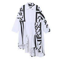 [EAM] Women White Pattern Printed Big Size Dress New Lapel Long Sleeve Loose Fit Fashion Tide Spring Autumn 2021 1Y926