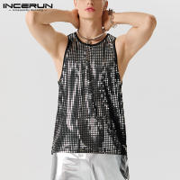 INCERUN เสื้อกั๊กแนวพังก์สำหรับผู้ชายเสื้อกล้ามลายจุดเสื้อพิมพ์ลายเสื้อยืดคอกลมเสื้อกล้ามเสื้อยืด (สไตล์ตะวันตก)