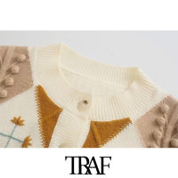 TRAF Women Fashion Contrast Argyle Cropped Knit Cardigan Sweater Vintage Long Sleeve Button-up Female Outerwear Chic Tops