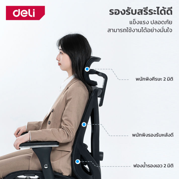 deli-เก้าอี้ทำงาน-เก้าอี้สำนักงาน-เก้าอี้ผู้บริหาร-เก้าอี้เพื่อสุขภาพ-มีพนักพิงศรีษะและที่วางขา-สามารถรองรับสรีระการนั่งได้ดี-office-chair