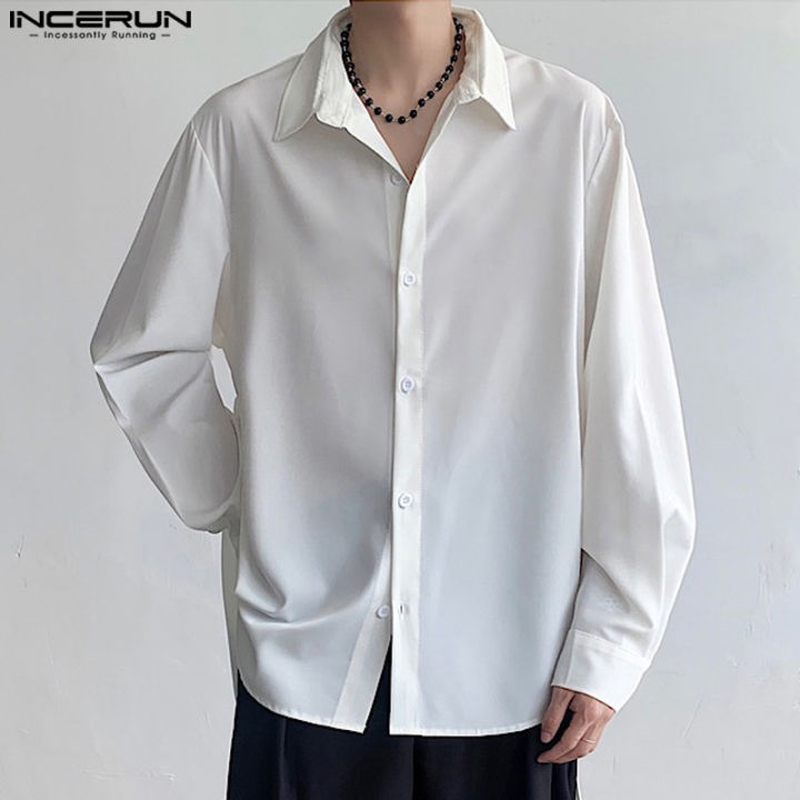 incerun-เสื้อเบลาส์เสื้อลำลองเสื้อทรงหลวมผูกเชือกแขนยาวสำหรับผู้ชายเนื้อเรียบ-สไตล์เกาหลี