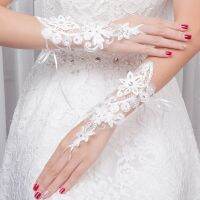 ✾☎ Bridal Wedding Dress White Short Lace Diamond Decorations Etiquette Gloves