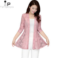 Long Women Lace Coat Cardigan Summer Femme Pink Net Yarn Hollow Out Sun Clothes Shawl Women Coats Elegant Black Jacket Top