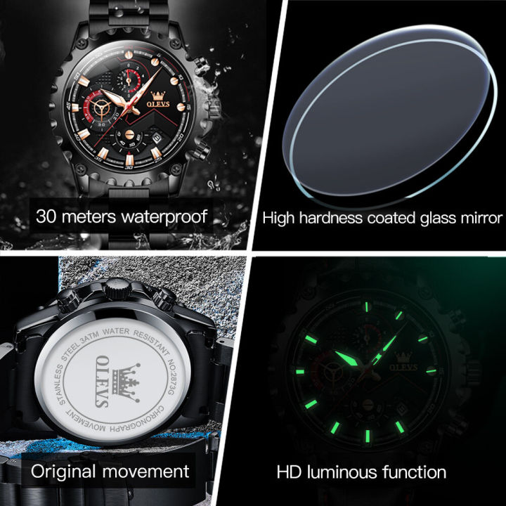 olevs-นาฬิกาควอตซ์สำหรับผู้ชาย-นาฬิกาควอตซ์มัลติฟังก์ชันสไตล์สปอร์ตนาฬิกาโครโนกราฟหน้าจอปฏิทินสายหนัง-สเตนเลสกันน้ำ30เมตร