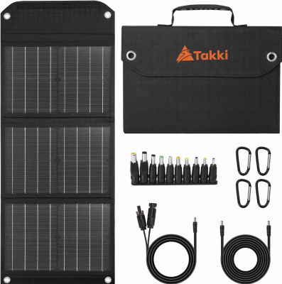 30W Solar Panel, Takki Foldable Solar Panel Battery Charger Kit with USB DC Type-C Ports for Phones Laptop Portable Power Station Generator Camping Tent Home Off-Grid RV Outdoor, 10 Connectors 30W-Black