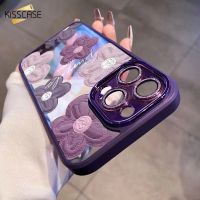 KISSCASE เคสโทรศัพท์ภาพดอกไม้แฟชั่นสีม่วงใสแฟชั่นหรูหราบางเฉียบสำหรับ Iphone 15 Pro Max 15 Plus เคสฟิล์มเลนส์เพชรแวววาวในตัวสำหรับ Iphone 14 13 12 11 Pro Max 12Pro กรอบ TPU นุ่มเคสกันกระแทกพีซีแบบแข็ง