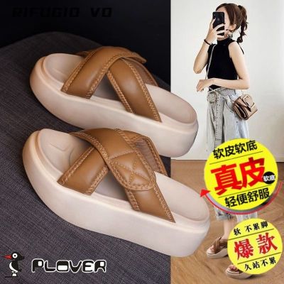 【July】 Authentic woodpecker leather outerwear slippers women 2023 summer new ins super hot all-match muffin soft-soled beach shoes