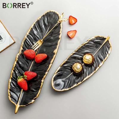 BORREY เซรามิคถาดเก็บจานซูชิ Leaf Feather Shape Candy Trinket เครื่องประดับผลไม้ถาดเก็บ Tableware