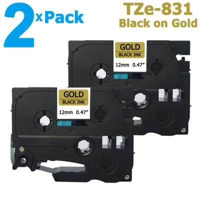 2 Pack 12mm Tze-831 Black on Gold Label Tape for Brother PTouch 8M Length TZe831 Tze 831 Compatible with P-Touch Labeler Label Maker Printer/ Labeling Tool System, Standard Laminated Sticker Ribbon Lettering Print Cassette