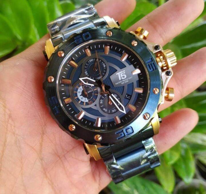 Jam Tangan Business T5 Watch Pria Analog Time Calendar Chronograph Waterresist 3 ATM Blue Rose