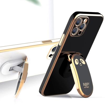 [สินค้าใหม่ในสต็อก] หรูหราสแควร์ชุบหมีพับยืน H Older กรณีโทรศัพท์สำหรับ iPhone 14 13 12มินิ11 Pro XS Max X XR 6 6วินาที7 8บวก SE2ปกอ่อน