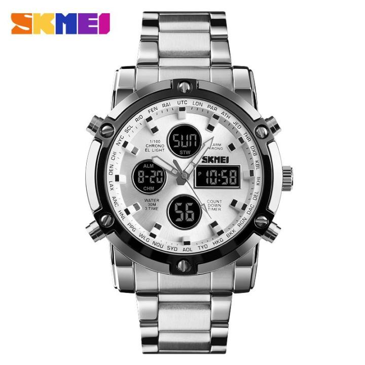 skmei-นาฬิกาสามตาสแตนเลสสตีลผู้ชายสองเวลาแบบใหม่1389นาฬิกาธุรกิจลำลองสปอร์ต