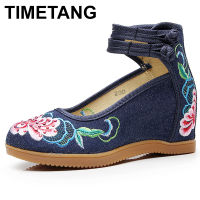 TIMETANG รองเท้าผ้าใบงานแต่งงานของผู้หญิง7ซม. แพลตฟอร์มส้นสูงซ่อนดอกไม้สายรัดข้อเท้าปักสุภาพสตรีผ้ายีนส์ผ้าฝ้าย PumpsE218