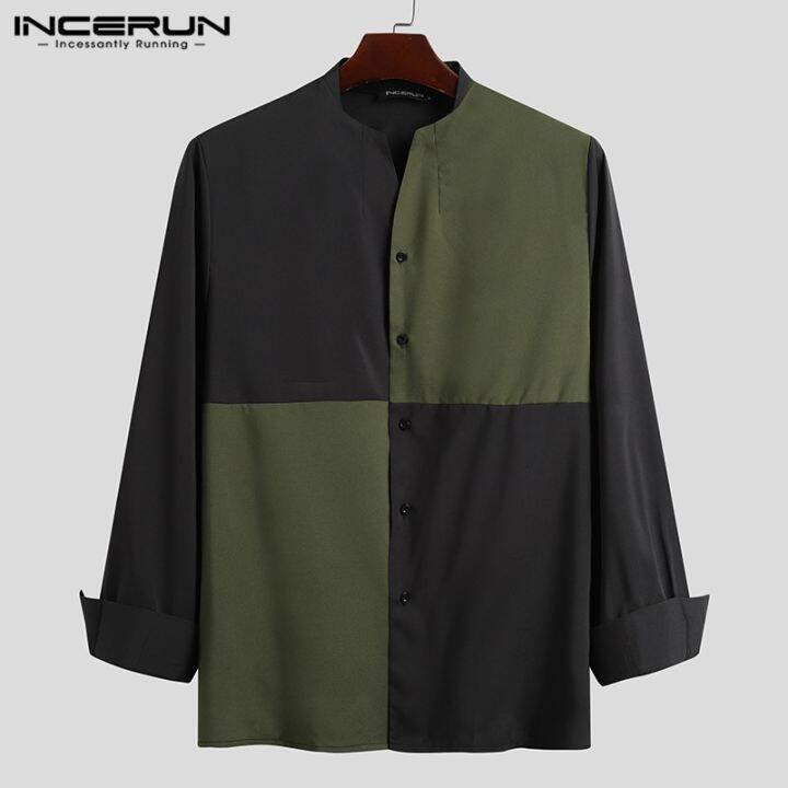 incerun-เสื้อเชิ้ต-แขนยาว-ลายตัดปะ-ทรงหลวม-แฟชั่นสำหรับผู้ชาย