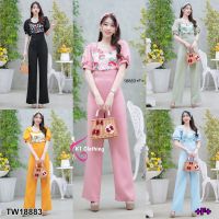 PP18883 Jumpsuit จั้มสูทขายาวแขนพอง อกแต่งลายดอกไม้ + ที่คาดผม