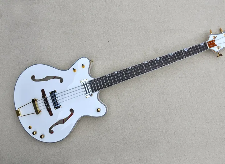 Semi Hollow 4 Strings White Body Electric Bass Guitar With Hardware