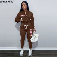 Lemon Gina Baseball Queen Letter Womens Set Jacket and Jogger Pants Suit Sport Tracksuit Two Piece Set Fitness Outfits