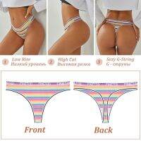 ；【‘；- 4Pcs/Set Women Cotton Colorful Stripe Panties  Underwear G-Strings Rainbow Thongs Female Soft Breathable Intimates Lingerie