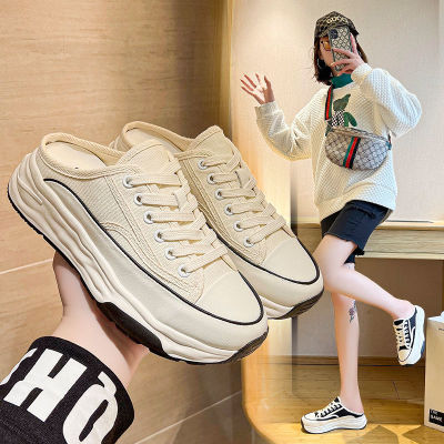 *รองเท้าผ้าใบพื้นหนาความสูง Baotou ครึ่งรองเท้าแตะของผู้หญิง,รองเท้าสีขาวขนาดเล็กสวมใส่ด้านในรองเท้ามัฟฟินใหม่สำหรับฤดูร้อนปี2022