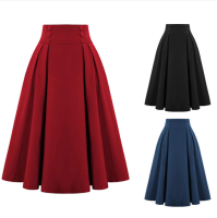 Summer Ladies Swing Buttons Decorated Elastic Skirts High Waist Elegant R Pleated Skirt