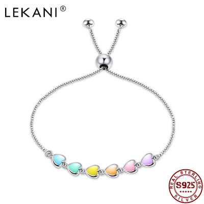 LEKANI Real 925 Sterling Silver Bracelet Colorful Heart Adjustable Bracelets Exquisite Epoxy Fine Jewelry Gift To Girlfriend
