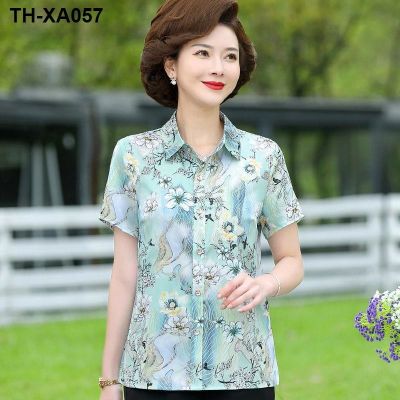 2023 summer new middle-aged and elderly mothers shirts young womens printed short-sleeved tops imitation silk
