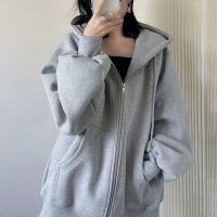 ❂№ 2023 spring and autumn new light gray hooded sweater cardigan womens outerwear Korean style silver fox fleece couple style zipper jacket