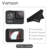 Vamson เลนส์กล้องแอคชั่นแคมเมราปกป้องหน้าจอ8กระจกนิรภัยสีดำสำหรับ Gopro Hero ฟิล์มกันรอย9ชิ้นสำหรับ Go Pro Vp720กล้อง8ตัว