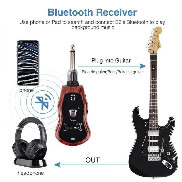 เอฟเฟกต์กีตาร์บลูทูธแบบพกพาเครื่องส่งสัญญาณ5-in-1สำหรับกีตาร์ไฟฟ้าเสียงสะท้อน-คอรัส-หน้าแปลน-บิดเบี้ยว-เสียงกบ