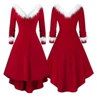 ❖ HIK Women Christmas Long Sleeve Sexy V-Neck Red Midi Swing Dress White Plush Trim Pleated Flared High Low Asymmetric Party Santa Costume