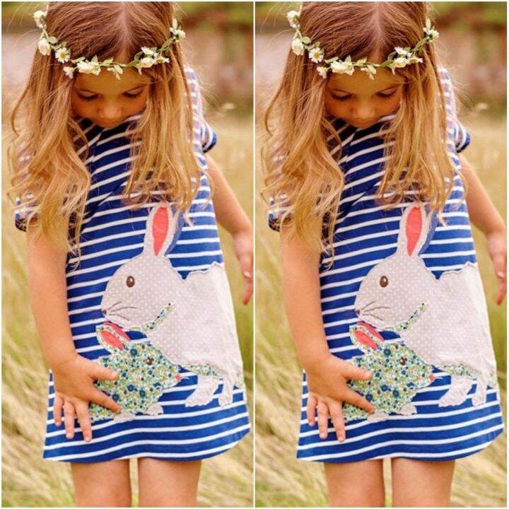 cute-toddler-kids-girls-dress-bunny-stripe-summer-casual-short-sleeve-sundress