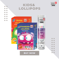 ( ส่งฟรี ) SwissEnergy Kids Multivitamins + Calcium 1 หลอด Lollipops 1 เซ็ต อาหารเสริม วิตามินเม็ดฟู่ ทานง่ายอร่อย เด็กๆชอบ 20 เม็ด