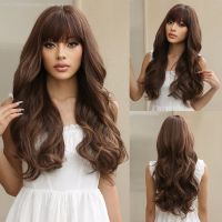 Dark Brown Mixed Long Water Wave Synthetic Natural Wigs with Bangs for Women Daily Party Use Heat Resistant Fiber Wigs [ Hot sell ] Decoration Center