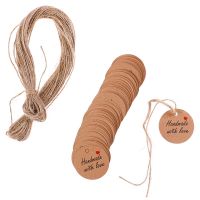 100Pcs Handmade Gift Tags Round Brown Kraft Paper Labels Clothing Labels + 20m Natural Jute Rope Stickers Labels