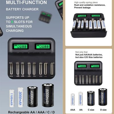 อุปกรณ์ที่ชาร์จแบตเตอรี่ 8 สล็อต Usb Powered Aa / Aaa / C / D พร้อมหน้าจอ Lcd