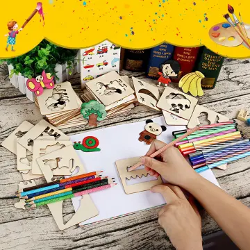 100Pcs Kids Wooden Drawing Stencils Kit Drawing Board Toys Coloring Puzzle  Arts Crafts Set Box Educational Toys for Children