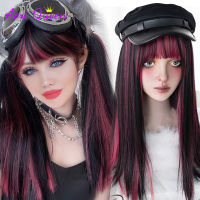 ร้อนยาวสีดำผสมกับวิกผมสังเคราะห์สีแดงคอสเพลย์ Lolita Harajuku วิกผมหน้าม้าธรรมชาติหยักฮาโลวีนสีแดงทุกวัน Wigs