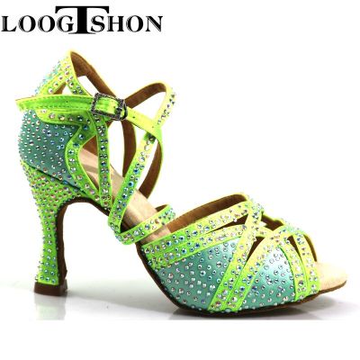 Loogtshon พลอยเทียมสำหรับมืออาชีพเต้นรำส้นเท้าละติน9ซม. สีเขียวนีออนรองเท้าเต้นผู้หญิงนิ่มรองเท้าเต้นรำ Samba Rumba Cha