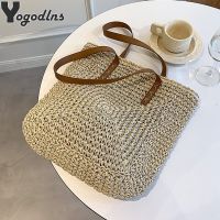 กระเป๋าสะพายถักกระเป๋าชายหาดฟางสี่เหลี่ยมทำมือสำหรับผู้หญิงผ้า Raffia Shopper กระเป๋าเดินทางสไตล์โบฮีเมียนกระเป๋าลำลองผู้หญิงวันหยุดฤดูร้อน