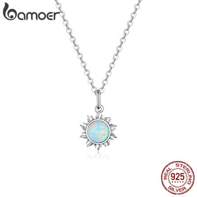 bamoer Authentic 925 Sterling Silver White Opal Sun Pendant Necklace for Women Chain Link Necklaces Silver 925 Jewelry SCN399