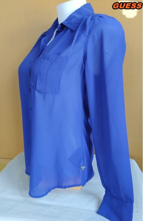 guess-เสื้อเชิ้ตชีฟอง-เสื้อทำงานผู้หญิง-สีน้ำเงินอมม่วง-ไซส์-36-37-ของแท้-100-สภาพเหมือนใหม่-ไม่ผ่านการใช้งาน