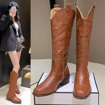 2023 New Pointy Women's Cowboy Boots Thick Heel Knight Boots